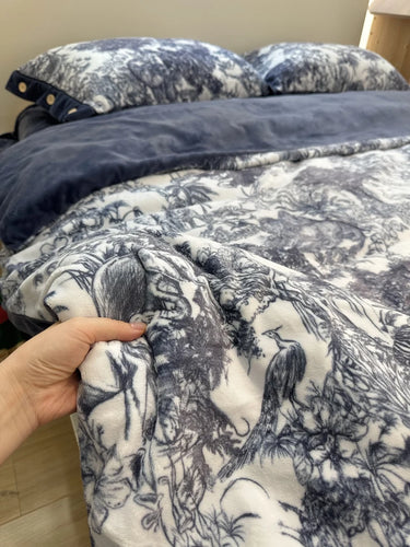Blue Pink Art Forest Prints Winter Duvet Cover, Fleece Velvet Bedding Set